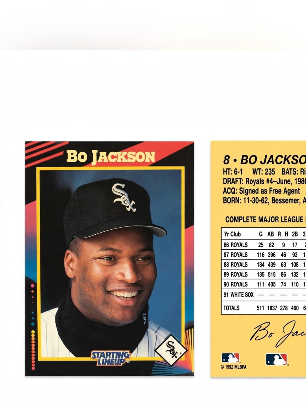 1992 Kenner Starting Lineup Bo Jackson #8 White Sox Portrait Card